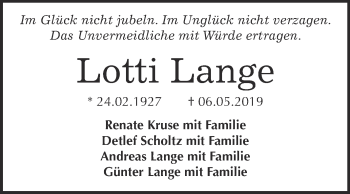 Traueranzeige von Lotti Lange von Super Sonntag Wittenberg
