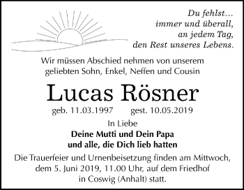 Traueranzeige von Lucas Rösner von Mitteldeutsche Zeitung
