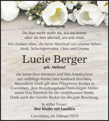 Traueranzeige von Lucie Berger von Mitteldeutsche Zeitung Aschersleben