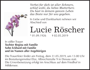 Traueranzeige von Lucie Röscher von WVG - Wochenspiegel Dessau / Köthen