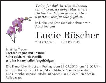 Traueranzeige von Lucie Röscher von Mitteldeutsche Zeitung Dessau-Roßlau