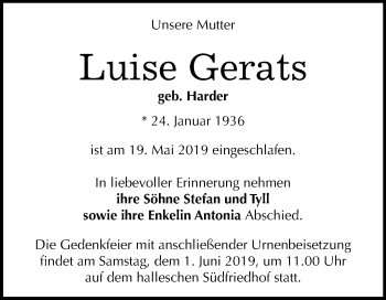 Traueranzeige von Luise Gerats von Mitteldeutsche Zeitung