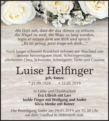 Traueranzeige von Luise Helfinger von Mitteldeutsche Zeitung