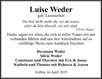 Traueranzeige von Luise Weder von Mitteldeutsche Zeitung