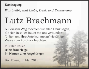 Traueranzeige von Lutz Brachmann von WVG - Wochenspiegel NMB / WSF / ZTZ