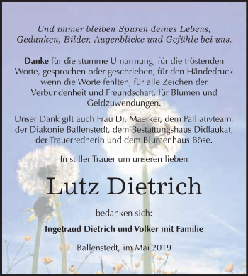 Traueranzeige von Lutz Dietrich von WVG - Wochenspiegel Quedlinburg