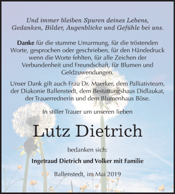 Traueranzeige von Lutz Dietrich von Mitteldeutsche Zeitung Quedlinburg