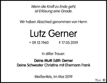 Traueranzeige von Lutz Gerner von Mitteldeutsche Zeitung