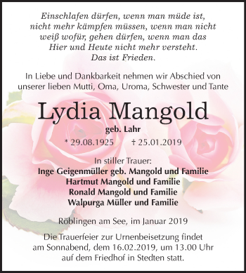 Traueranzeige von Lydia Mangold von Mitteldeutsche Zeitung Mansfelder Land
