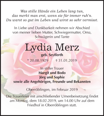Traueranzeige von Lydia Merz von Mitteldeutsche Zeitung Sangerhausen