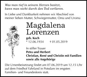 Traueranzeige von Magdalena Lorenzen von Mitteldeutsche Zeitung