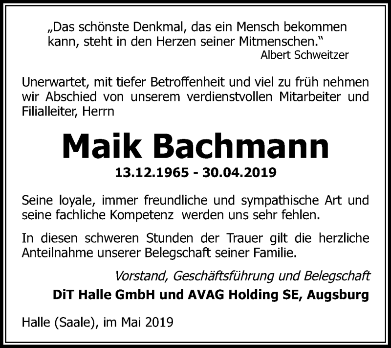  Traueranzeige für Maik Bachmann vom 11.05.2019 aus Mitteldeutsche Zeitung