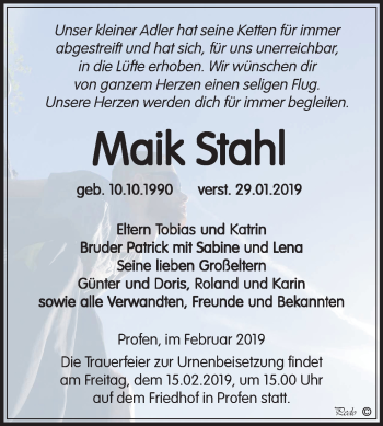 Traueranzeige von Maik Stahl von Mitteldeutsche Zeitung Zeitz