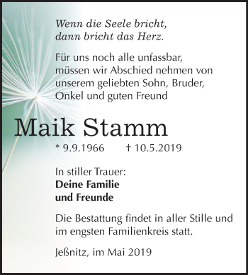 Traueranzeige von Maik Stamm von Mitteldeutsche Zeitung