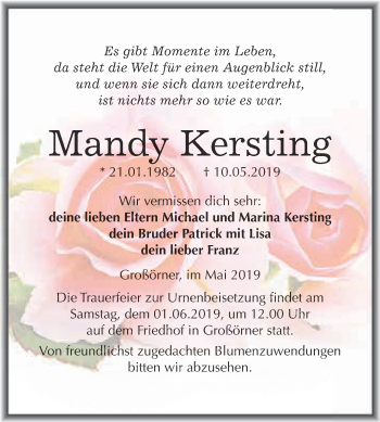 Traueranzeige von Mandy Kersting von Super Sonntag SGH Mansf. Land