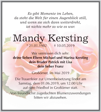 Traueranzeige von Mandy Kersting von Mitteldeutsche Zeitung
