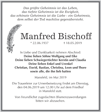 Traueranzeige von Manfred Bischoff von Wochenspiegel Mansfelder Land