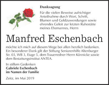 Traueranzeige von Manfred Eschenbach von WVG - Wochenspiegel NMB / WSF / ZTZ