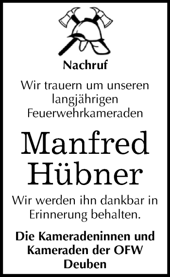 Traueranzeige von Manfred Hübner von WVG - Wochenspiegel NMB / WSF / ZTZ