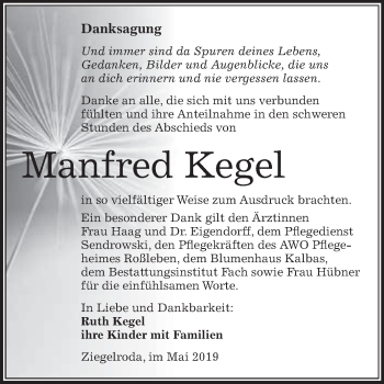 Traueranzeige von Manfred Kegel von WVG - Wochenspiegel Merseburg