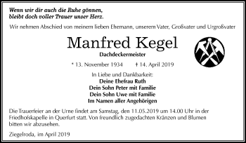 Traueranzeige von Manfred Kegel von WVG - Wochenspiegel Merseburg