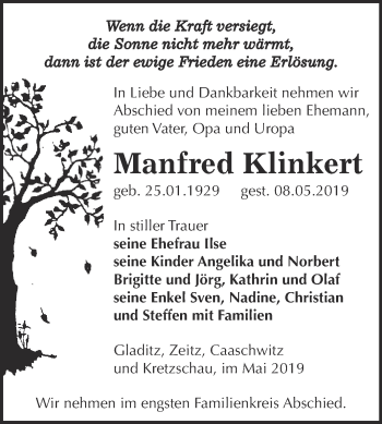 Traueranzeige von Manfred Klinkert von WVG - Wochenspiegel NMB / WSF / ZTZ