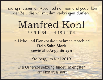 Traueranzeige von Manfred Kohl von Super Sonntag SGH Mansf. Land