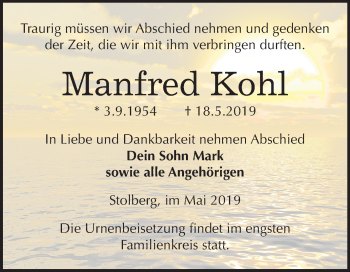 Traueranzeige von Manfred Kohl von Mitteldeutsche Zeitung