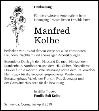 Traueranzeige von Manfred Kolbe von Super Sonntag SGH Mansf. Land