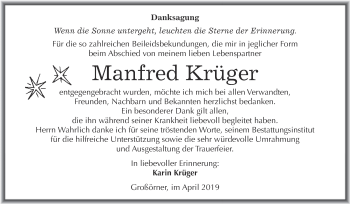 Traueranzeige von Manfred Krüger von Wochenspiegel Mansfelder Land