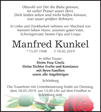 Traueranzeige von Manfred Kunkel von Mitteldeutsche Zeitung