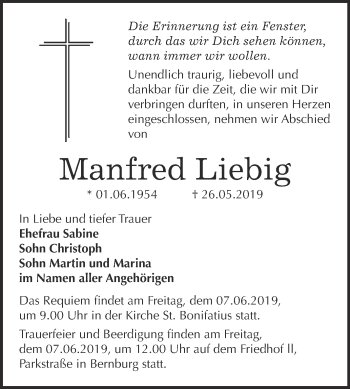 Traueranzeige von Manfred Liebig von Super Sonntag Bernburg