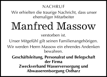 Traueranzeige von Manfred Massow von Mitteldeutsche Zeitung Quedlinburg