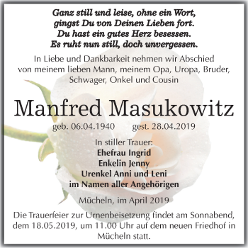 Traueranzeige von Manfred Masukowitz von Mitteldeutsche Zeitung Merseburg/Querfurt
