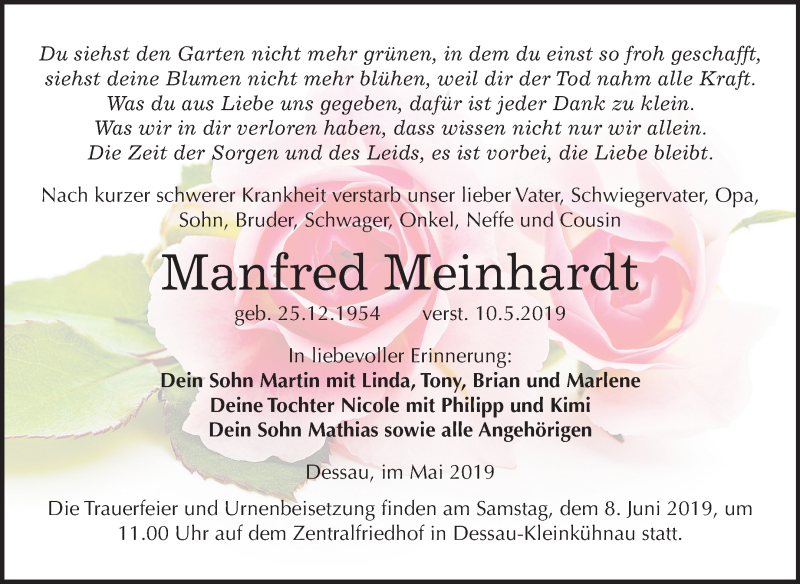  Traueranzeige für Manfred Meinhardt vom 15.05.2019 aus Mitteldeutsche Zeitung Dessau-Roßlau