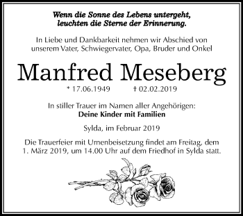 Traueranzeige von Manfred Meseberg von Mitteldeutsche Zeitung Mansfelder Land