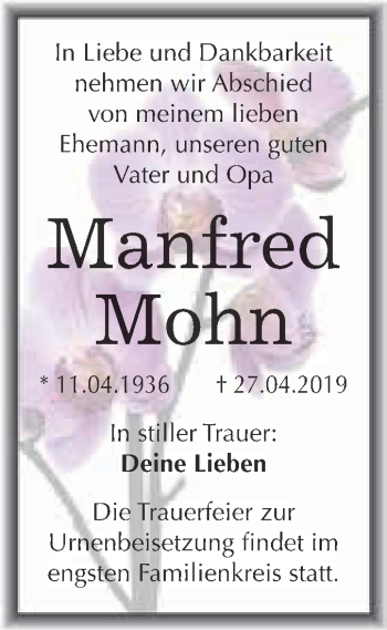 Traueranzeige von Manfred Mohn von WVG - Wochenspiegel Merseburg