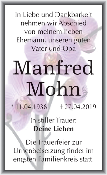 Traueranzeige von Manfred Mohn von Mitteldeutsche Zeitung Merseburg/Querfurt