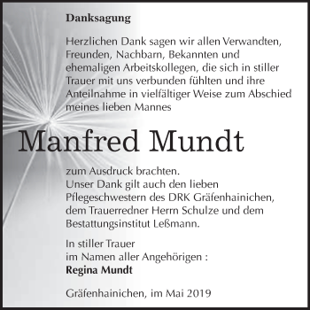 Traueranzeige von Manfred Mundt von WVG - Wochenspiegel Wittenberg