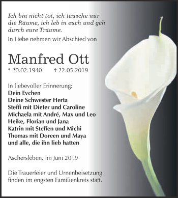 Traueranzeige von Manfred Ott von Super Sonntag Aschersleben