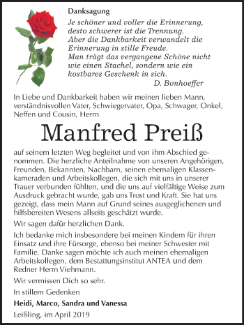 Traueranzeige von Manfred Preiß von Mitteldeutsche Zeitung Weißenfels