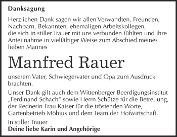 Traueranzeige von Manfred Rauer von WVG - Wochenspiegel Wittenberg