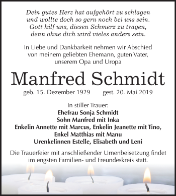 Traueranzeige von Manfred Schmidt von Mitteldeutsche Zeitung