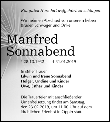 Traueranzeige von Manfred Sonnabend von Mitteldeutsche Zeitung Halle/Saalkreis