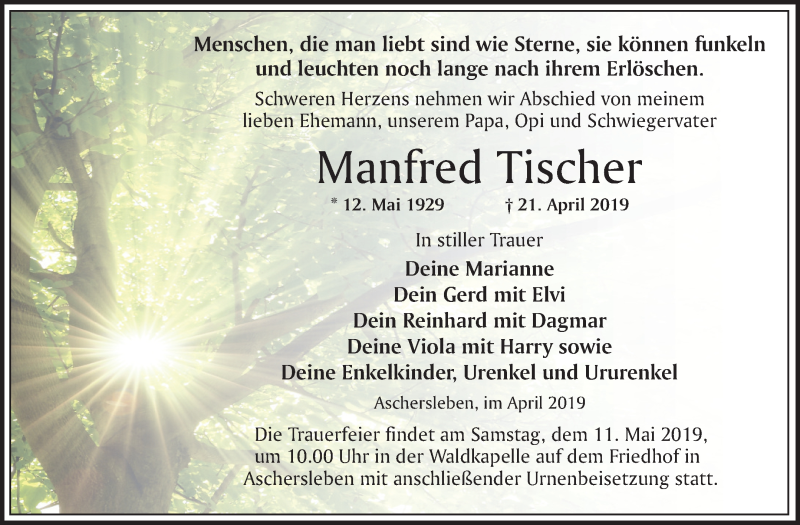  Traueranzeige für Manfred Tischer vom 04.05.2019 aus Mitteldeutsche Zeitung Aschersleben