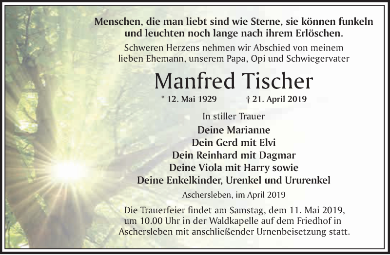 Traueranzeige für Manfred Tischer vom 29.04.2019 aus WVG - Wochenspiegel Quedlinburg