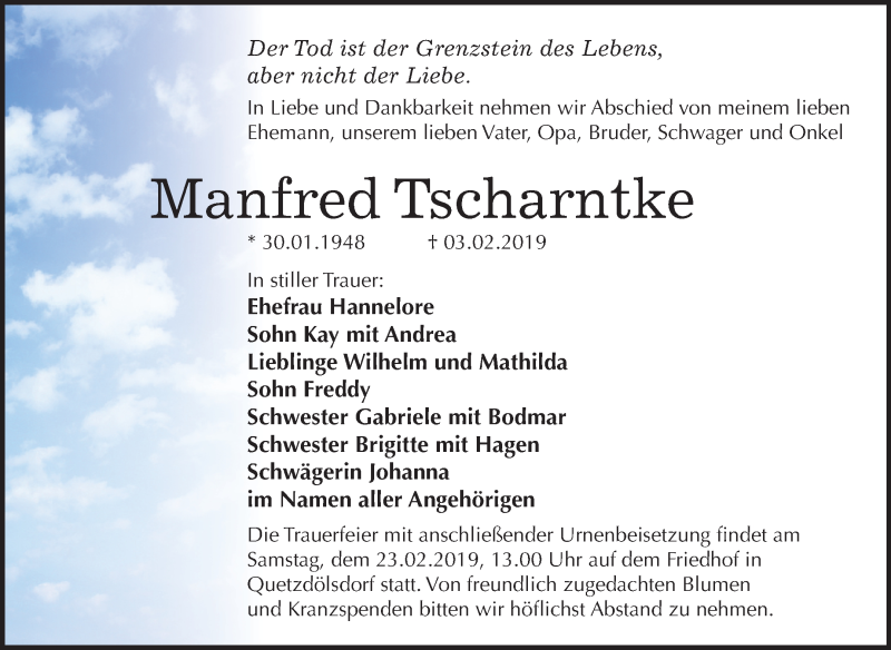  Traueranzeige für Manfred Tscharntke vom 09.02.2019 aus Mitteldeutsche Zeitung Bitterfeld
