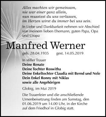 Traueranzeige von Manfred Werner von Mitteldeutsche Zeitung