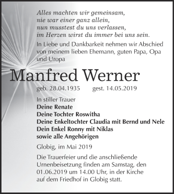 Traueranzeige von Manfred Werner von WVG - Wochenspiegel Wittenberg