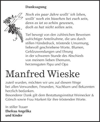 Traueranzeige von Manfred Wieske von Super Sonntag Bernburg